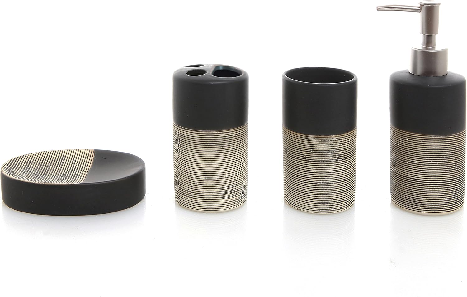MyGift Deluxe 4 Piece Black & Beige Ceramic Bathroom Set w/Soap Dispenser, Toothbrush Holder, Tumbler & Soap Dish: Home & Kitchen