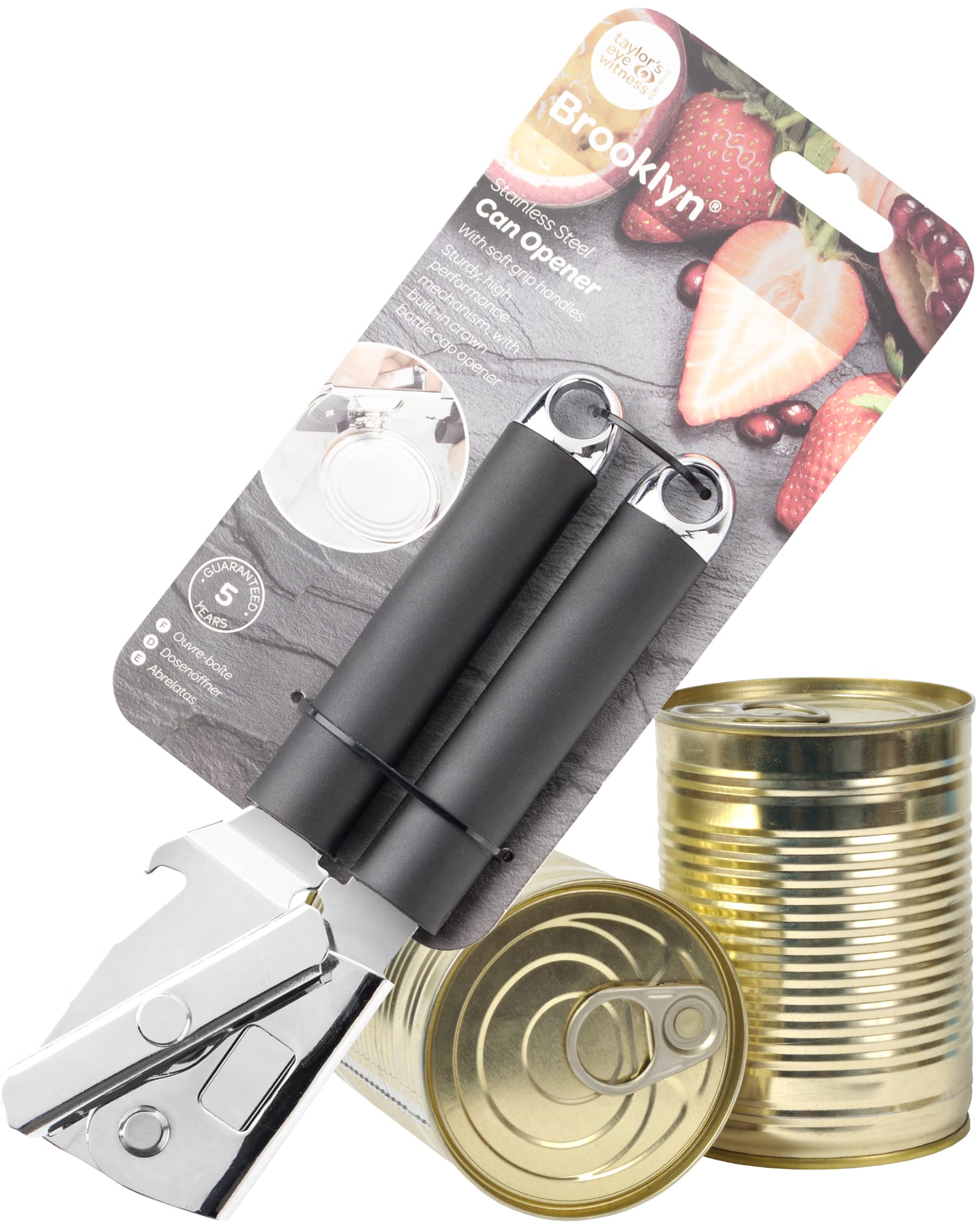 Stainless Steel Manual Can Opener - Easy to Use Turn Mechanism. Handheld Tool, Comfortable Grip, with Bottle Lid Opener and Hole for Kitchen Storage. Tin Openers That Work. 5 Year Guarantee