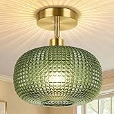 ROTTOGOON Semi Flush Mount Ceiling Light, Adjustable Hanging Gold Sloped Ceiling Lights with Green Glass Shade Vintage Hallwa