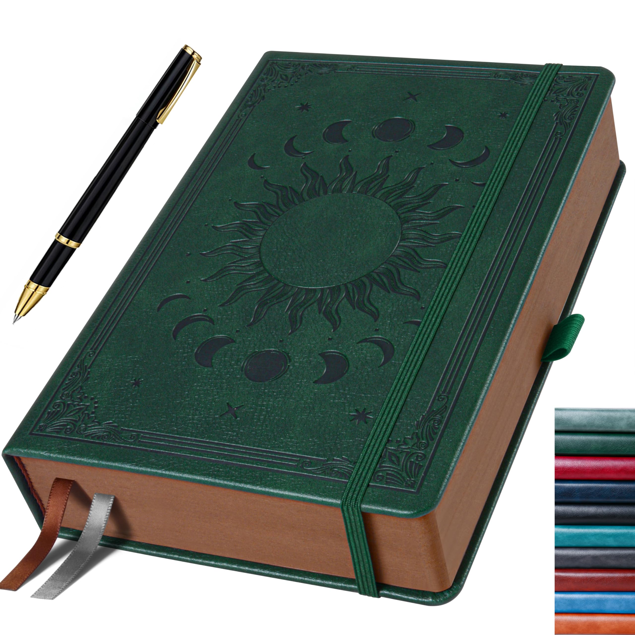 HwxBen Green Journal for Men & Women, Daily for Classic Lined Writing, 360 Pages Hardcover Journaling Notebook with Pen, Vintage Sun & Moon Design, A5 (5.9'' x 8.5'')