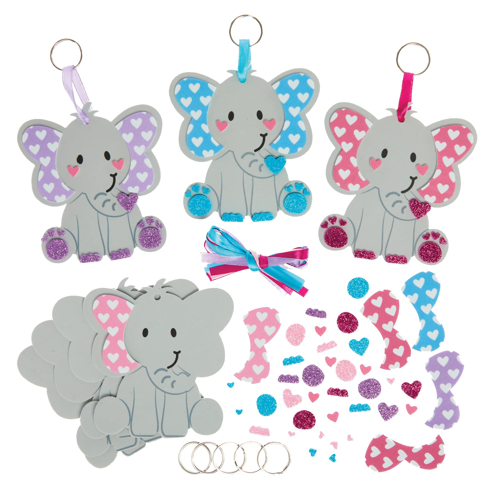 Baker Ross FX453 Love Heart Elephant Keyring and Bag Dangler Kits - Pack of 8, Foam Valentine's Craft Kit for Kids