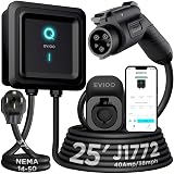 EVIQO Level 2 EV Charger J1772, Wall Home, 25ft Cable, Enhanced WiFi Smart App - Weatherproof Indoor/Outdoor (IP66,NEMA 4), UL, ETL Certified - 40 Amp - 9.6kW 240V NEMA 14-50 Plug-in