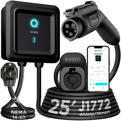 EVIQO Level 2 EV Charger J1772, Wall Home, 25ft Cable, Enhanced WiFi Smart App - Weatherproof Indoor/Outdoor (IP66,NEMA 4), UL, ETL Certified - 40 Amp - 9.6kW 240V NEMA 14-50 Plug-in