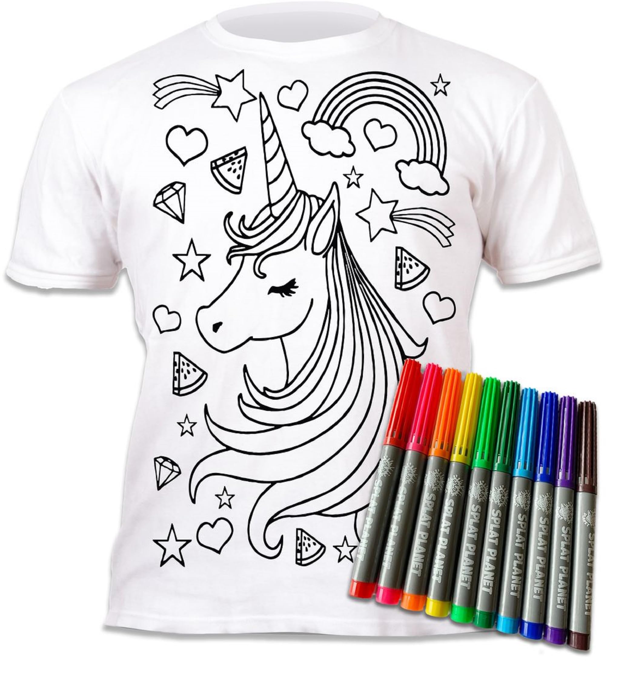 Splat Planet Stars Unicorn Coloring T-Shirt with 10 Washable Markers - Reusable Coloring T-Shirt for Kids, Birthday Gift (Ages 12-13) White