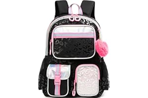Meetbelify Cute Black School Backpack for Girls Aesthetic Backpacks for Elementary Student Teen Girls School Bag Kids Travel Bookbag for Girls Ages 8-10