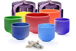 TOPFUND 6-12 inch Chakra Set of 7 Color Crystal Singing Bowls with Carrying Cases and Mallets