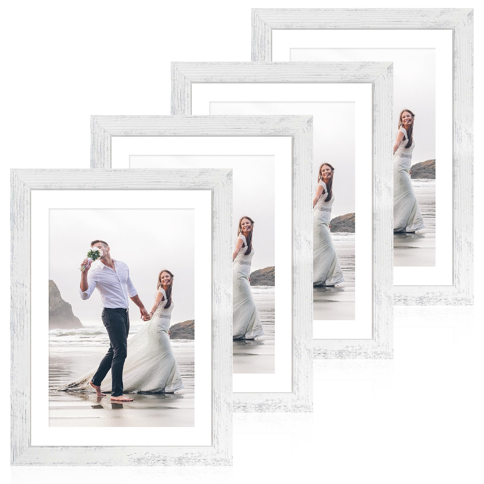 iRahmen 10x14 Picture Frame Set of 4 with Tempered Glass, Distressed White Frame Display 8x12 Picture with Mat or 10 x 14 Without Mat, Wood Rustic Photo Frames for Horizontal or Vertical Wall Mounting Image