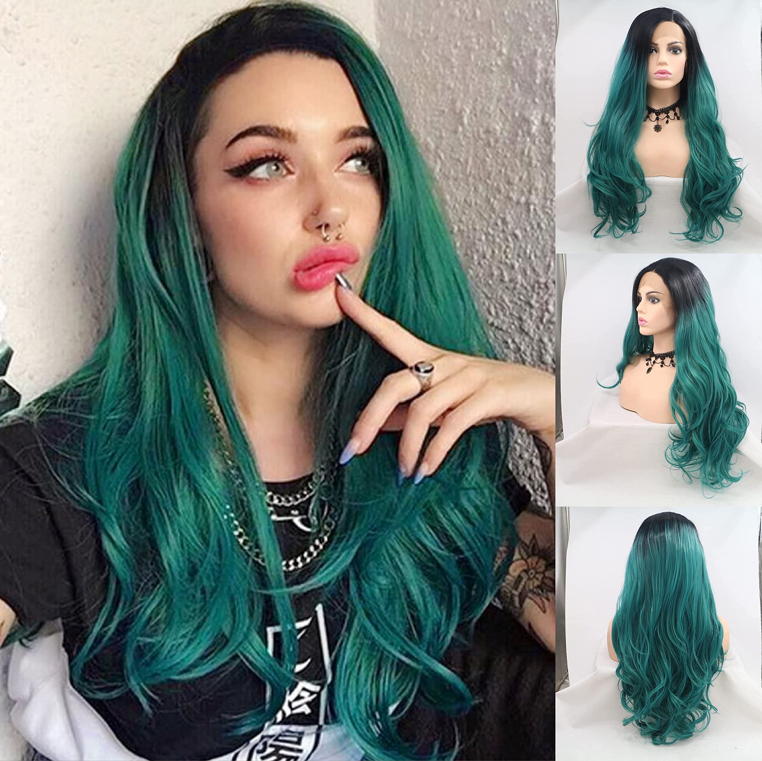 Ombre Green Synthetic Lace Front Wigs Long Body Wave Natural Hairline Black Roots To Green Wig Mermaid Synthetic Lace Front Wigs for Women 24Inch