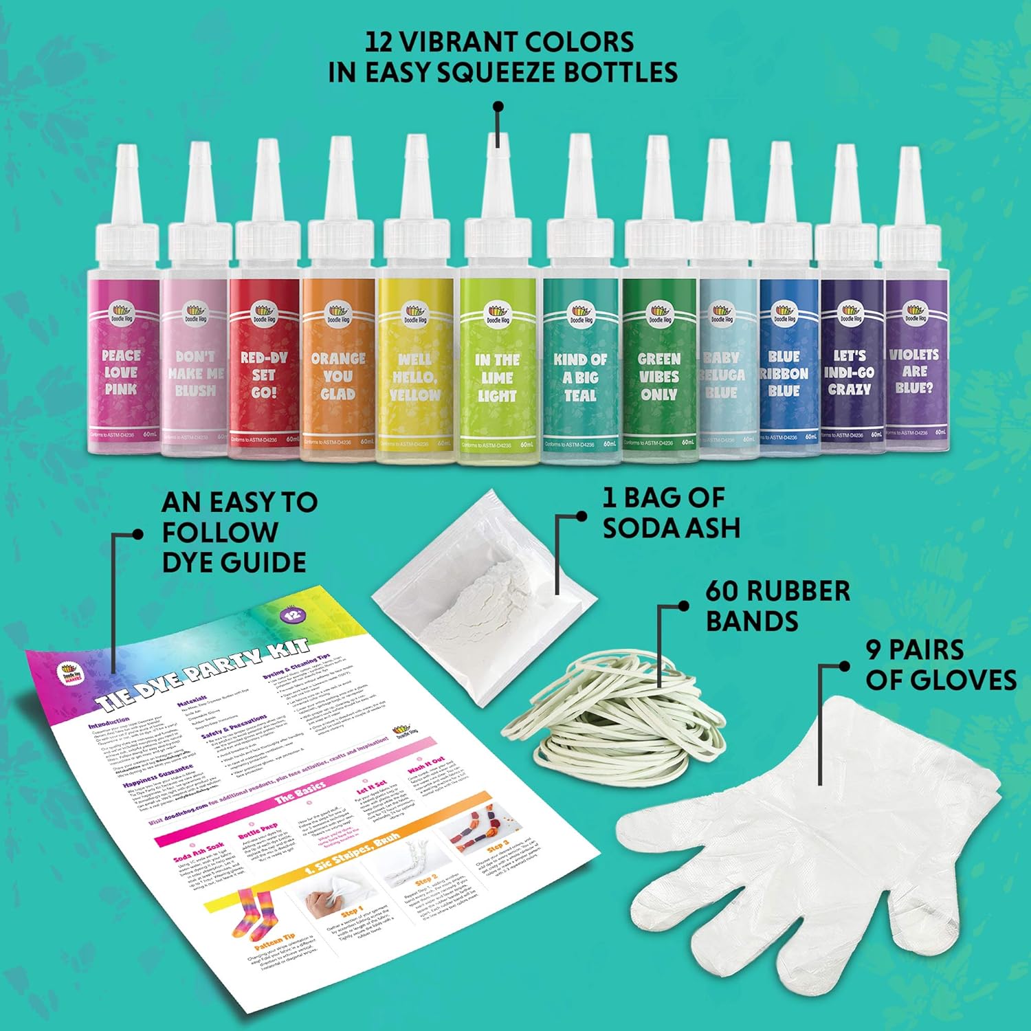 Doodlehog Easy Tie Dye Party Kit for Kids, Adults, and Groups. Create Vibrant Designs with Non-Toxic Dye. 12 Colors Included! Beginner-Friendly: Just Add Water! Dye up to 10 Medium Kids T-Shirts!: Arts, Crafts & Sewing