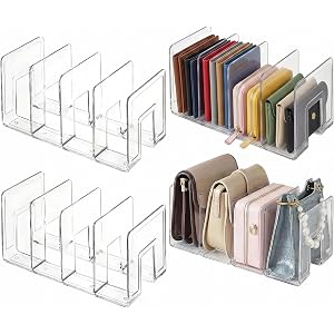 Yuixoseu 4 Pack Acrylic Purse Organizer for Closet, Clear Stackable Handbag Storage, Handbag Organizer with 4 Slots (3" Each)