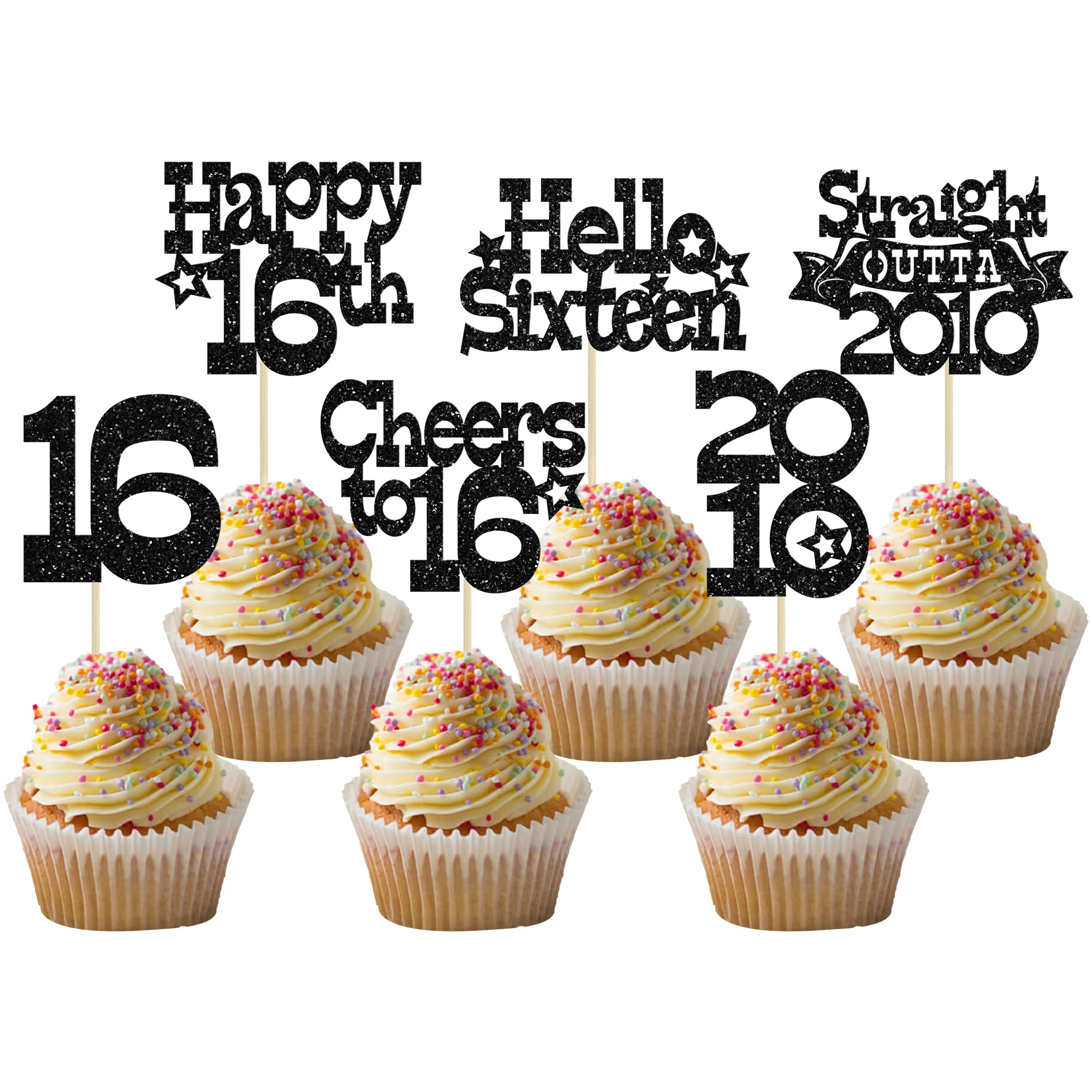 Ephlyn 30Pcs Straight Outta 2010 Cupcake Toppers Glitter Sixteen Happy 16th Birthday Cupcake Picks Cheers to 16 Years Cake Decorations for 16th Birthday Anniversary Party Supplies Black