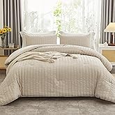 AveLom Beige Seersucker Full Comforter Set (80x90 inches), 3 Pieces-100% Soft Washed Microfiber Lightweight Comforter with 2 Pillowcases, All Season Down Alternative Comforter Set for Bedding