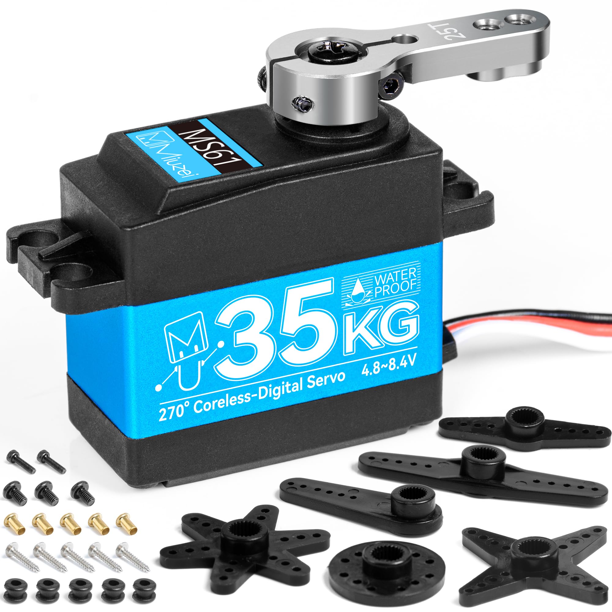 Miuzei Servo 35kg 270° RC Coreless Motor Digital Servo Waterproof Metal Gear Motor Stainless Steel Gear Car 1/8 1/10 Robot Arm Aeroplane 8.4V High Speed Torque Steering Servo with Cable 25T Horn