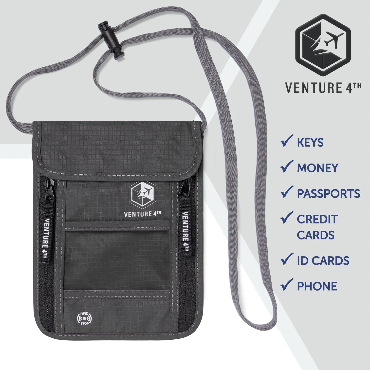  | Venture 4th Travel Neck Pouch With RFID Blocking - Travel Wallet Passport Holder (Grey) | Travel Wallets