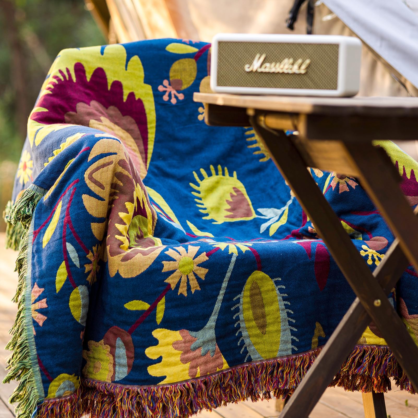 Snylcce Double-sided Bohemian Large Throw Blanket - 100% Organic Cotton Handwoven Bed & Sofa Throw, Cozy Boho Accent for 2-3 Seater Couches and Armchairs - 200x230cm, Vibrant Blue