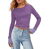 Panadila Womens Striped Long Sleeve Shirts Crewneck Waffle Knit Tops Casual Fitted T Shirts Fall Outfits