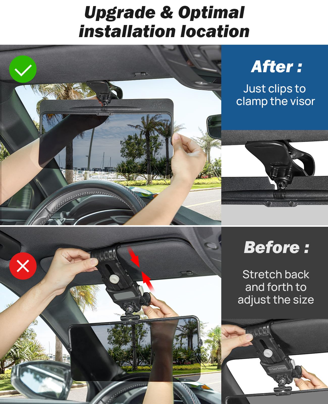 JOYTUTUS Sun Visor for Car, Universal Anti-Glare Polarized Sun Visor Extender Easy to Install, UV400 Visor Extension Protect from Glare/UV Ray/Stray Light, Safe Driving for Car