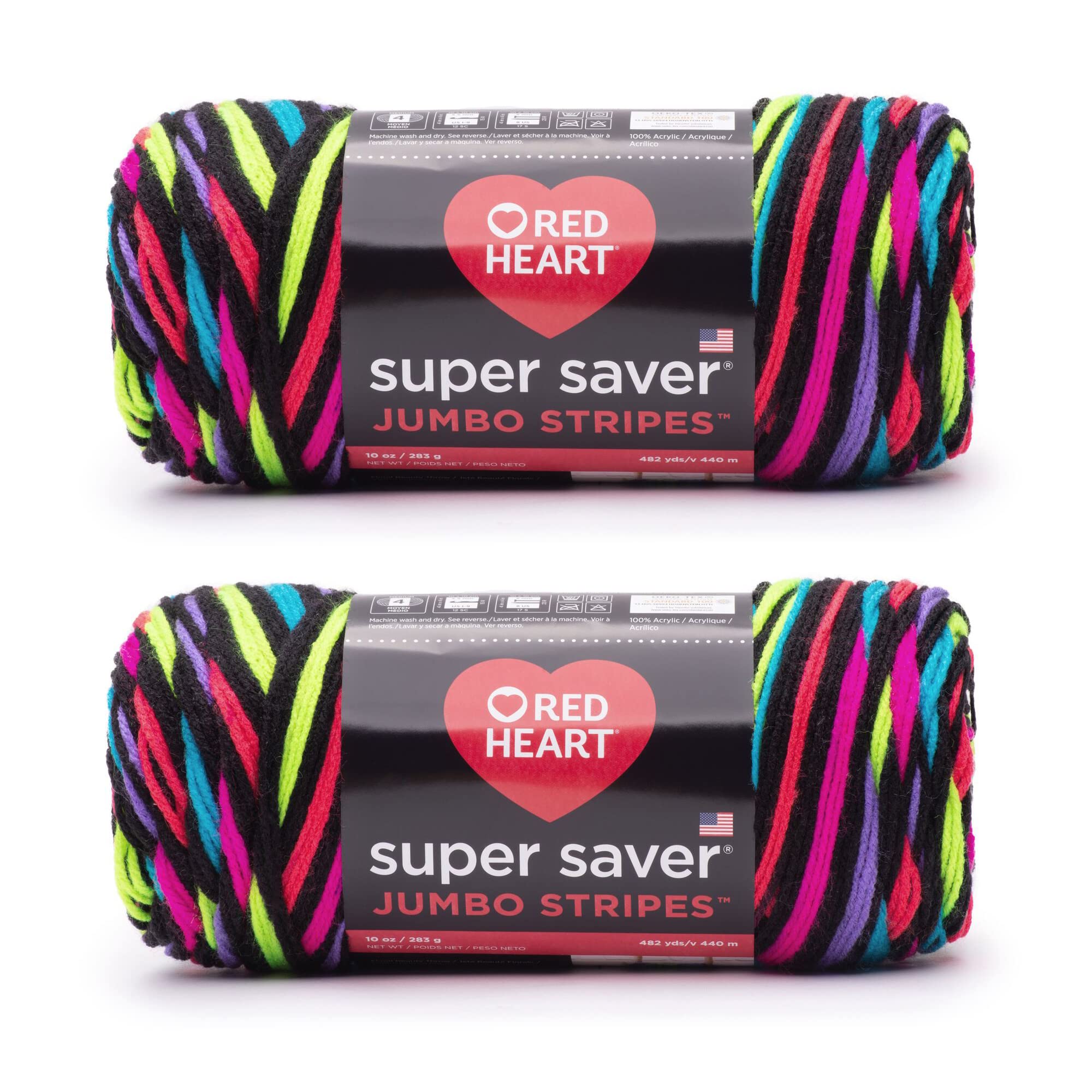 Red Heart Super Saver Jumbo Neon Stripe Yarn - 2 Pack of 283g/14oz - Acrylic - 4 Medium (Worsted) - 482 Yards - Knitting/Crochet