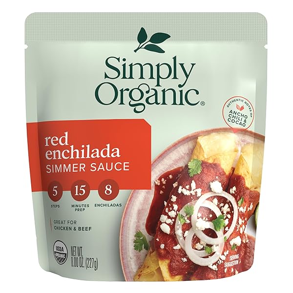 SIMPLY ORGANIC RED ENCHILADA SIMMER SAUCE, 8 OUNCE POUCH, FOR BEEF, CHEESE OR CHICKEN ENCHILADAS, CHILI ZEST (PACK OF 6)