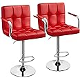 Yaheetech Bar Stools Set of 2, PU Leather Adjustable Swivel Barstools, Hydraulic Kitchen Counter Height Bar Chairs with Armrest and Back for Bar, Kitchen, Dining Room, Red