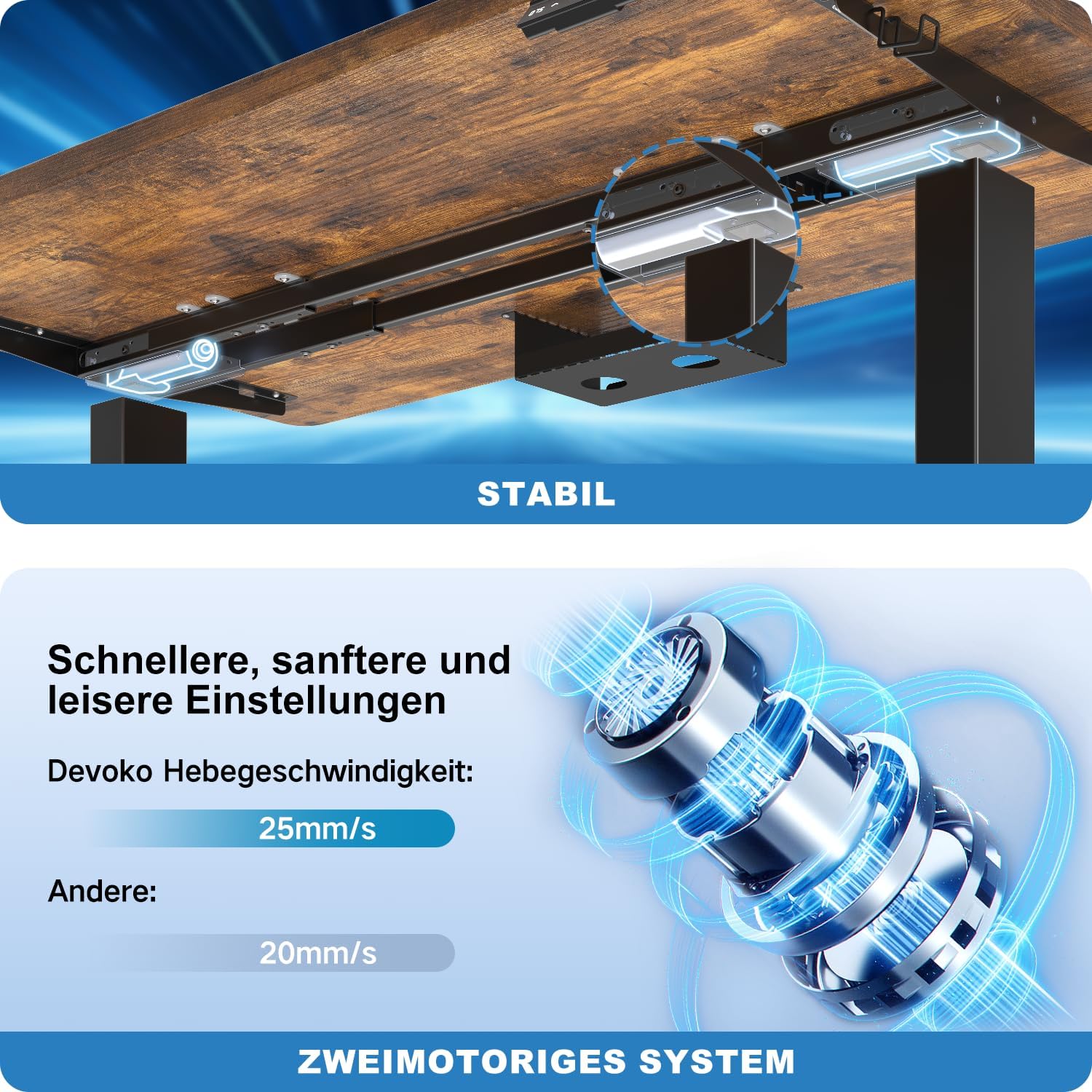 Devoko Höhenverstellbarer Schreibtisch mit 2 Motoren，25mm Einteilige Tischplatte, 160x80 cm Mobiler Elektrisch Computertisch mit Kabel Management, Vintagebraun - Perfekte Ergonomie für Dein Büro 3