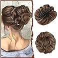 SOFEIYAN Claw Clip Messy Bun Hair Piece Wavy Curly Hair Bun Clip in Claw Chignon Ponytail Hairpieces Synthetic Tousled Updo Hair Extensions Scrunchie Hairpiece for Women, Golden Brown Mixed Blonde