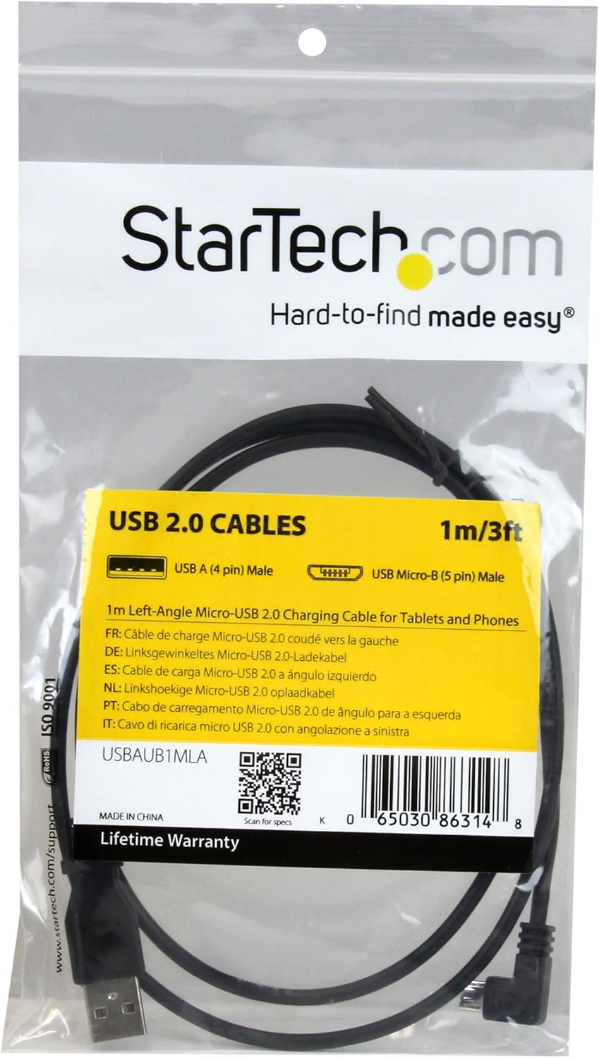 Startech.com Micro-USB Charge-and-Sync Cable M/M - Left-Angle Micro-USB - 30/24 AWG - 1 m (3 ft.), Black, 3 ft/1 m - Image 3