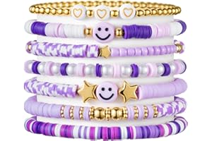 LieToi 7Pcs Preppy Heishi Bracelets for Women Girls - Surfer Bracelets Polymer Clay Stackable Disc Summer Beach Y2K Stretch Birthday Gift