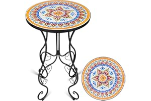 Frstem Mosaic Patio Table and Plant Stand, Outdoor Side Table for Patio with 14" Ceramic Tile Top, Metal Round End Table Accent Table for Yard Porch Balcony Garden Bedside, Daisy