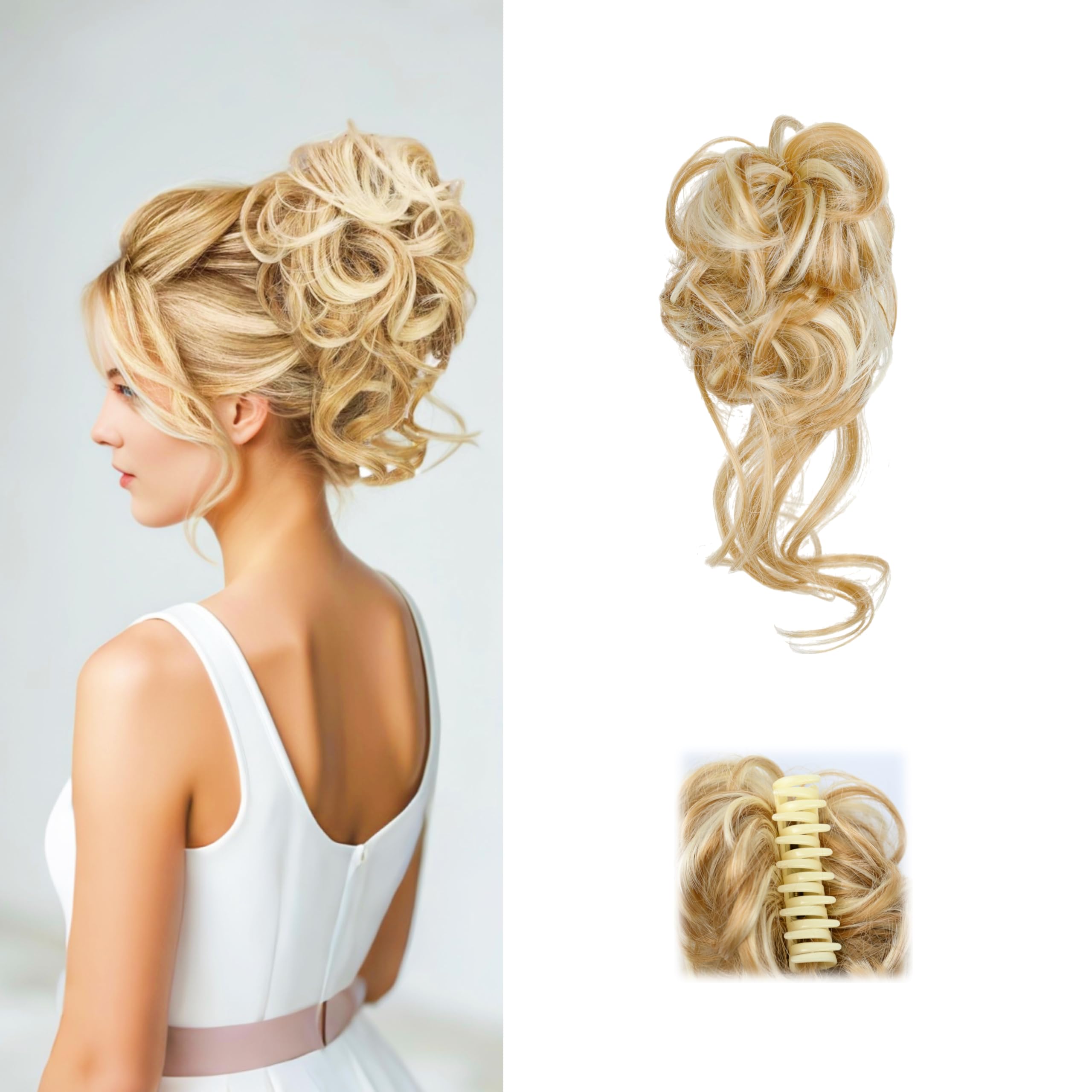 Photo 1 of Messy Bun Claw Clip Synthetic Chignon Curly Ponytail Hair Extensions Tousled Hake Hair Updo for Cosplay Prom Parties - Mixed Golden