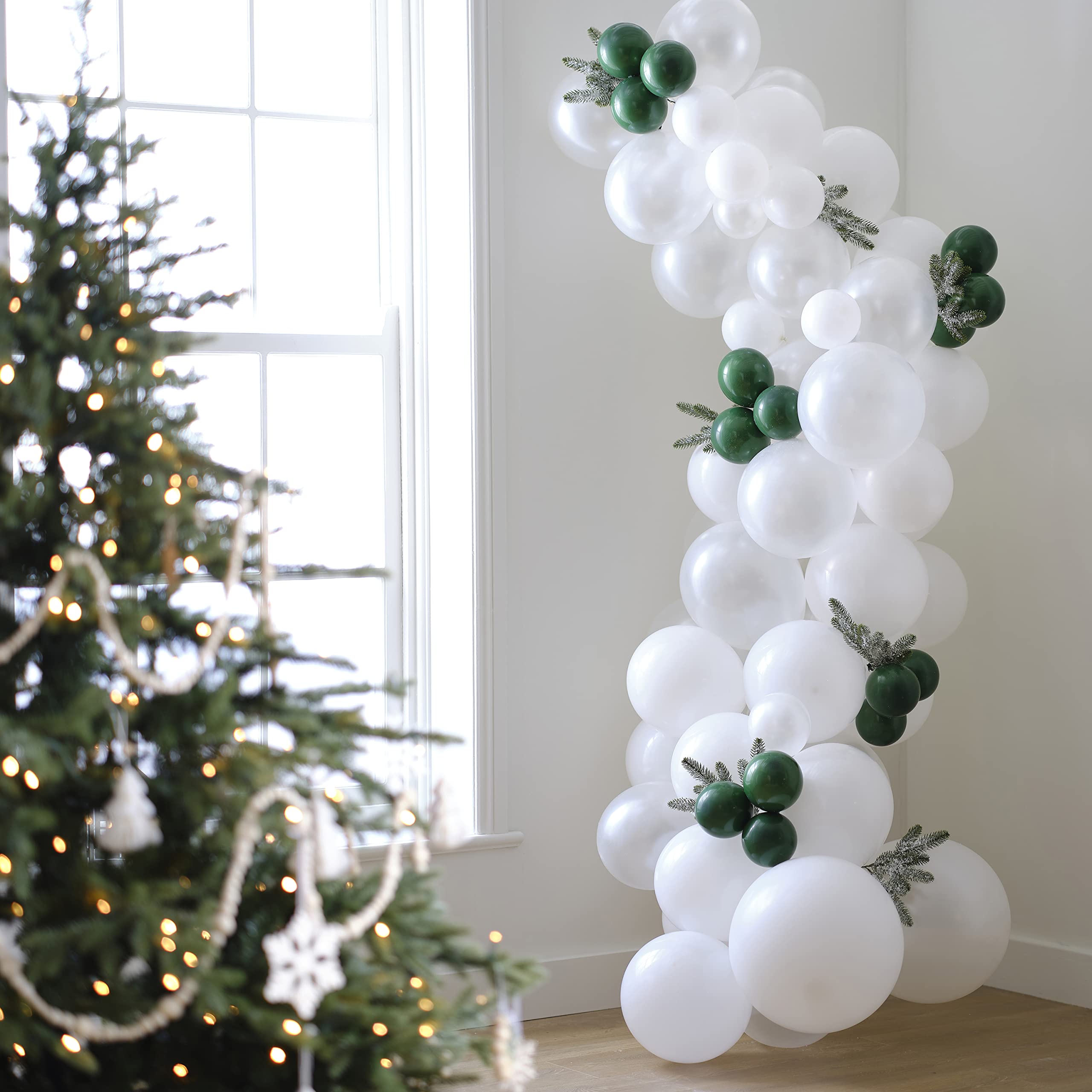 Ginger Ray White & Dark Green Snowy Christmas Balloon Arch Garland Party Decoration Pack of 75 Latex Balloons