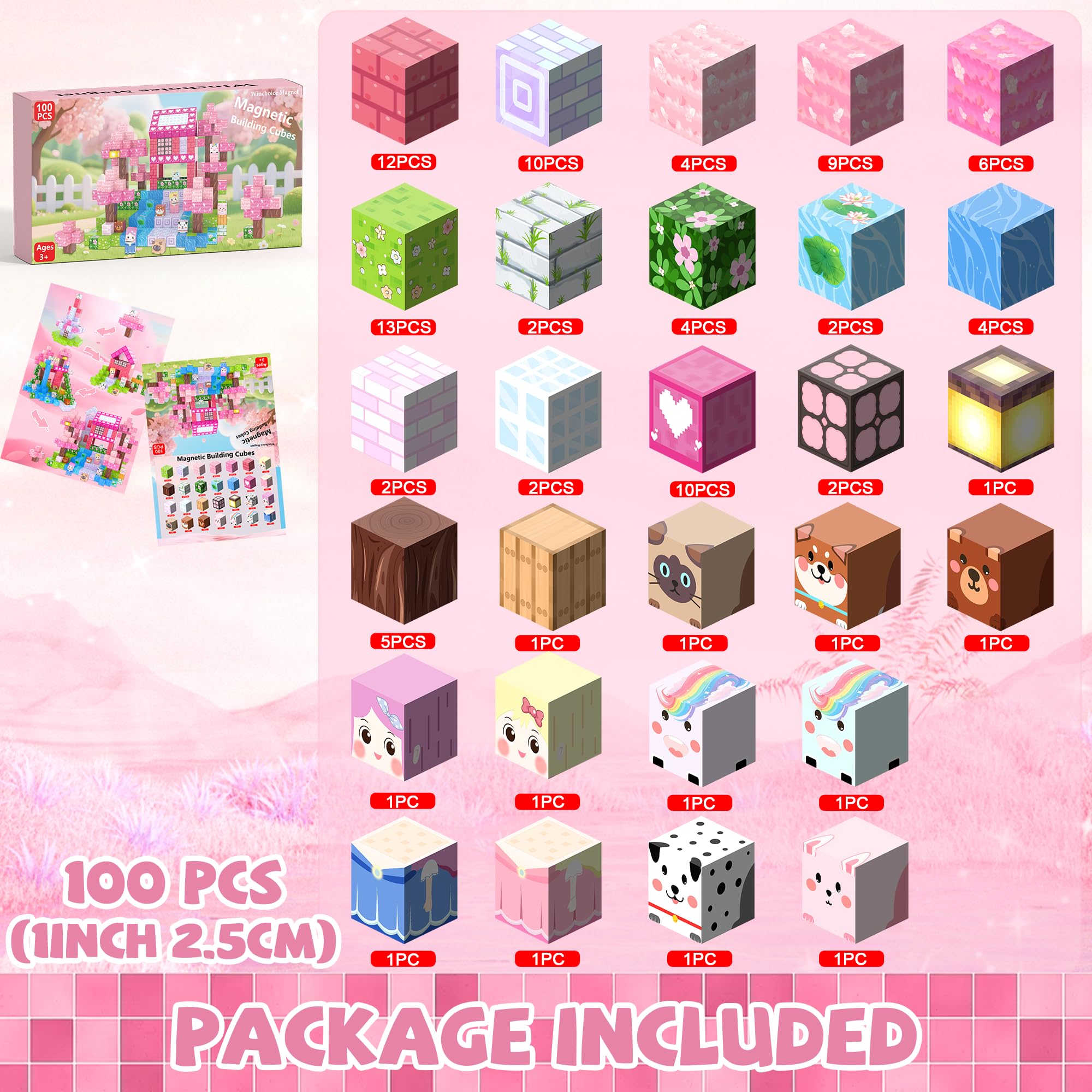Winchoice 100PCS Magnetic Blocks Princess Building Toys for Girls 3+, Magnetic Cubes Sensory Gifts for Kids, Pink Magnet Blocks for Christmas Birthday, 1 Inch