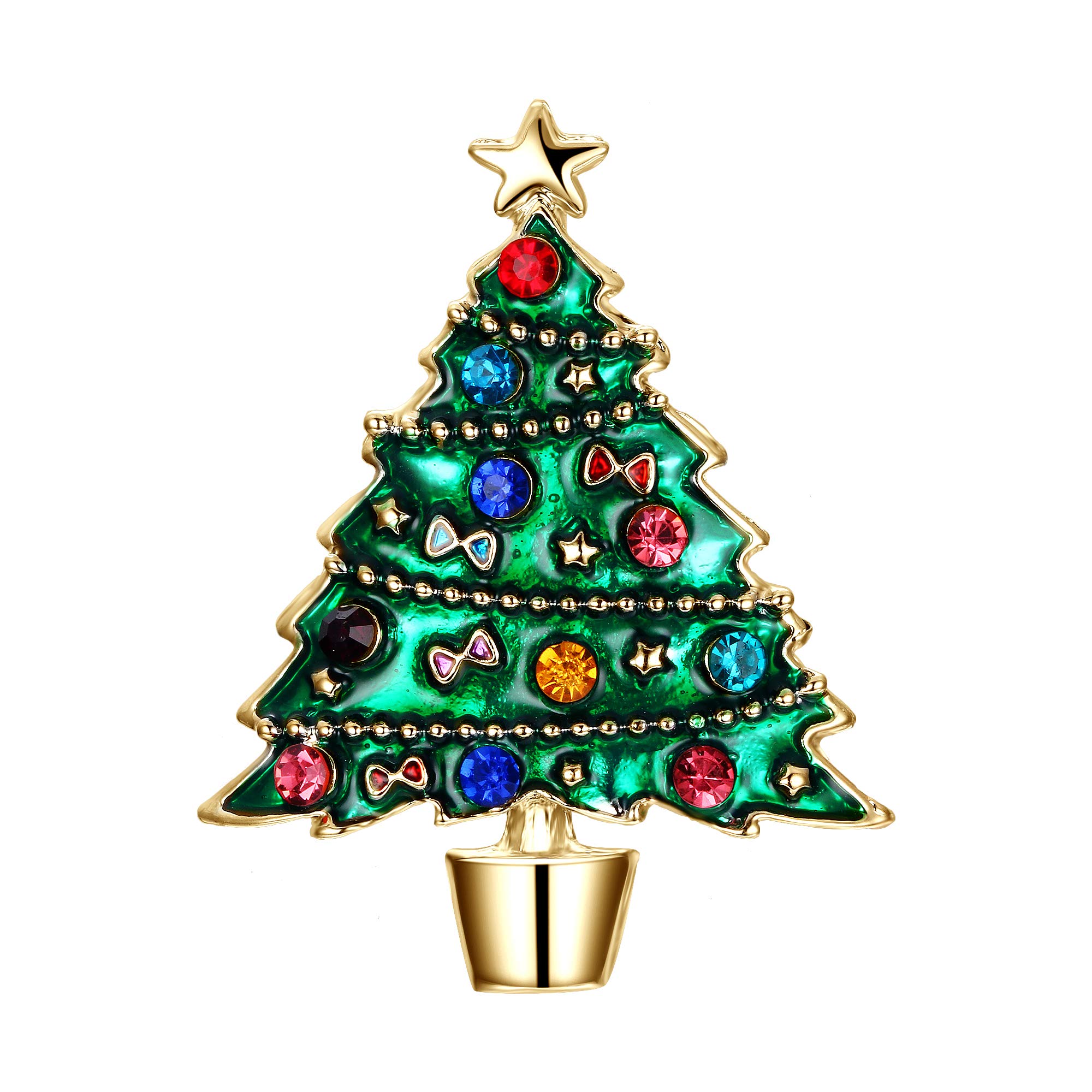 Ever Faith Star Bowknot Green Wishing Tree Brooch Austrian Crystal Enamel Gold-Tone