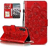 EYZUTAK Case for Samsung Galaxy S25, Premium Leather Magnetic Closure Flip Wallet Phone Case with Card Holder Cash Slot Stand Function Embossed Mandala Flower Slim Shockproof Lanyard Cover - Red