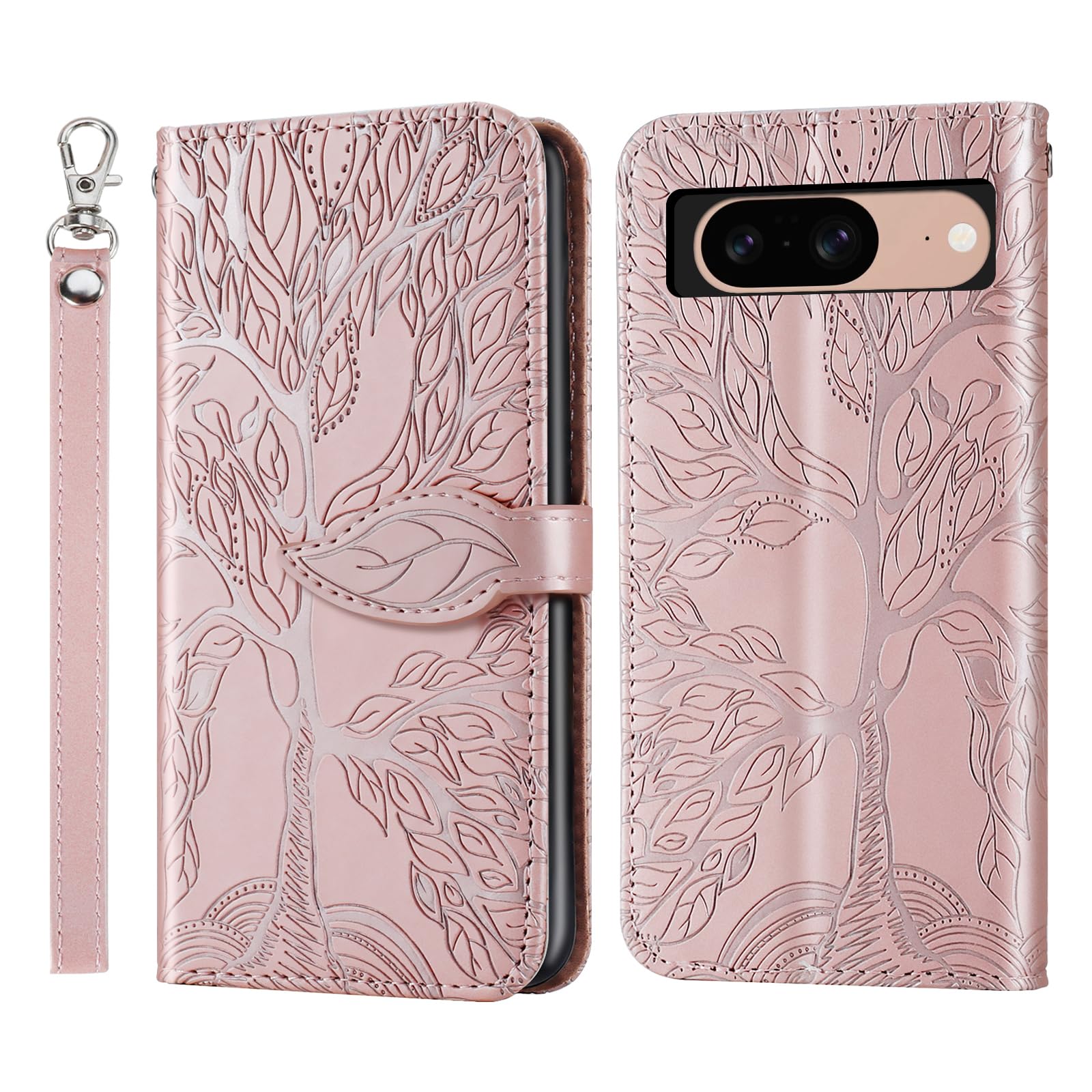 Rostsant Google Pixel 8 5G Case Cover Embossed Tree PU Leather Magnetic Closure Protective Phone Case Card Slots Wallet Flip Case for Google 8 5G Rosegold — image 1
