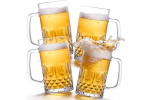 Seuqhck 4 Pack Beer Mugs, 17 oz / 500 ml Large Glass Mug with Handles, Clear Glass Frozen Beer Mugs for Tea, Coffee, Home, Ba