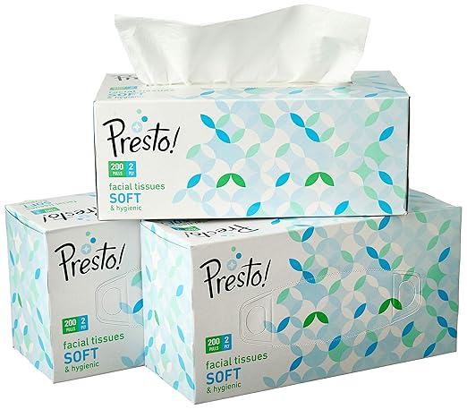 Amazon Brand-Presto! 2 Ply Facial Tissue Carton Box-200 Pulls (Pack of 3)