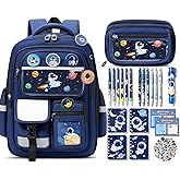 Fimibuke Kids Backpack for School Boys, 30PCS Space Toddler School Supplies Stationery Set with Bookbag Pencil Case Pins Gel Pens Pencils Notebooks Christmas Gifts for Kindergarten Elementary Student