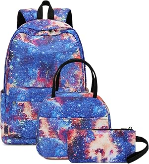 School Backpack Teens Girls Boys Kids School Bags Bookbag with Lunch bag pencil pouch (Red-Blue)