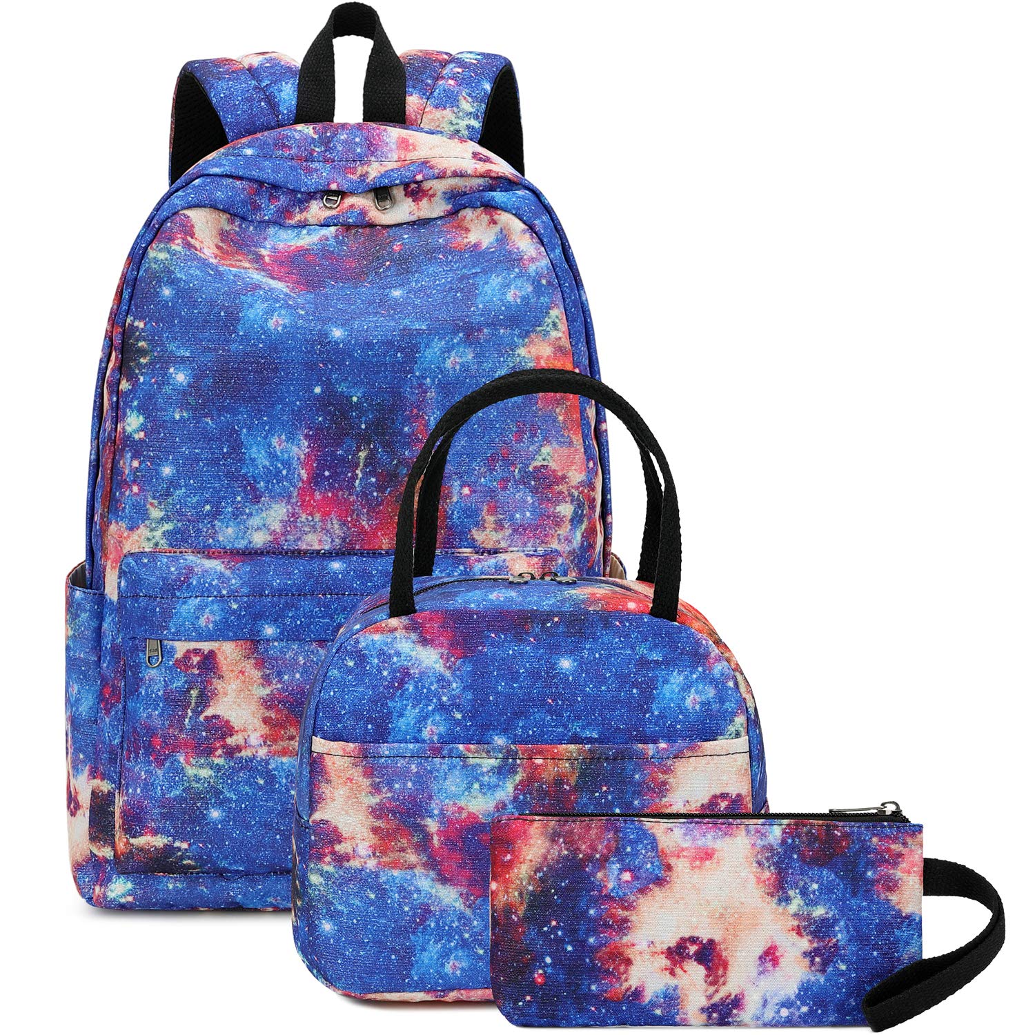 School Backpack Teens Girls Boys Kids School Bags Bookbag with Lunch bag pencil pouch (Red-Blue)