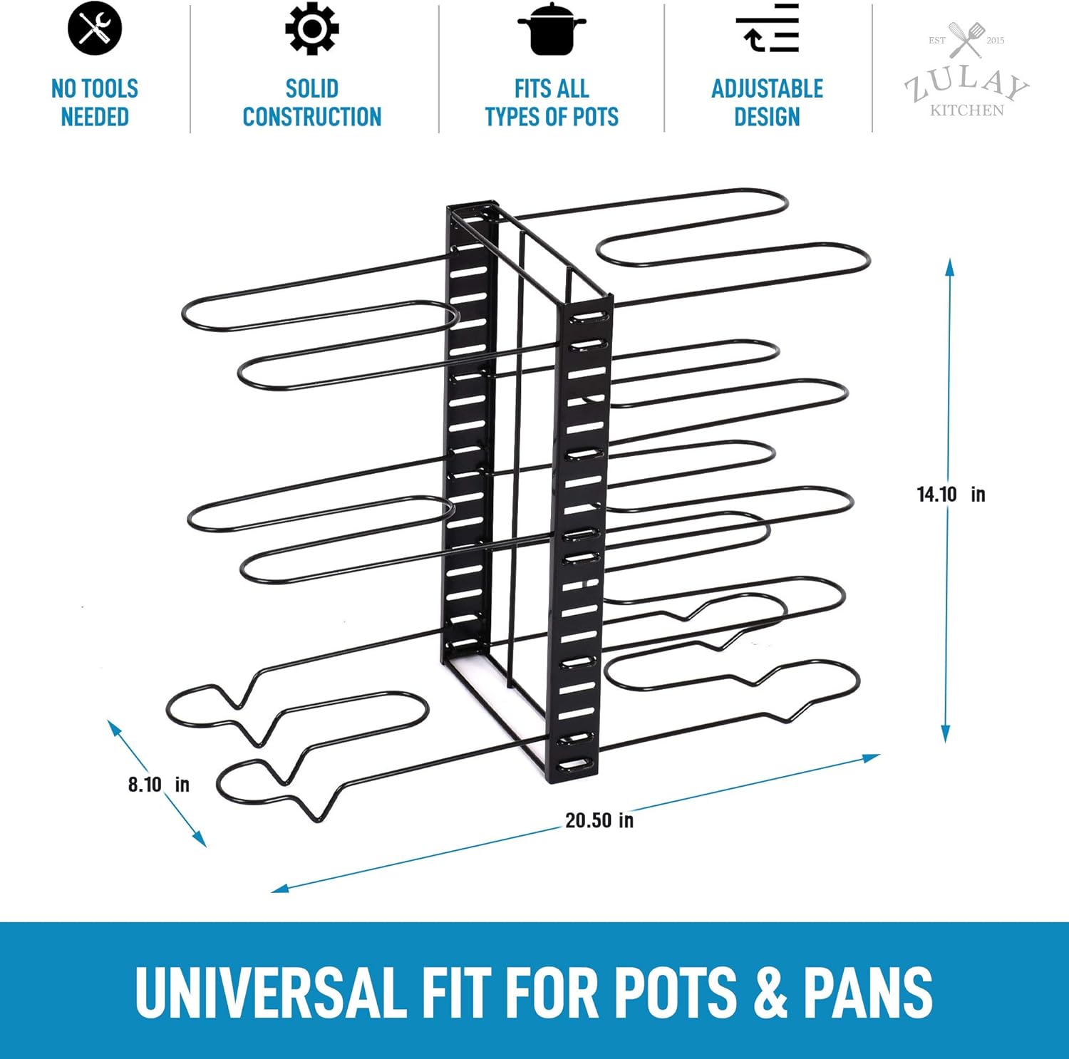 Zulay 8-Tier Pots and Pans Organizer Under Cabinet - Easy 3 Adjustable Method Pan Organizer Rack For Cabinet - Kitchen Pot Organizer Rack For Cabinet For Large & Small Cookware: Home Improvement