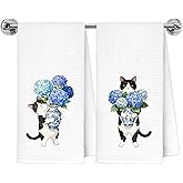 Exqcom Blue Chinoiserie Hydrangea Tuxedo Cat Kitchen Towels, Black and White Cat Gifts Dish Tea Towels for Kitchen Decor, Blue Floral Kitty Decorative Hand Towel Bathroom Decor, 16x24 Inch Set of 2
