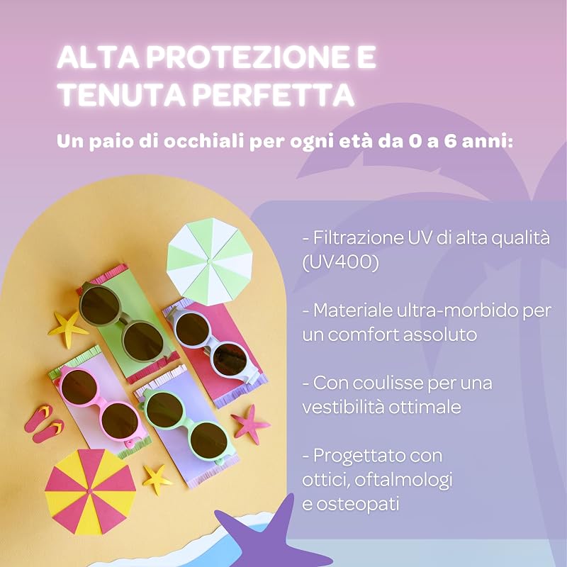 , Occhiali da sole per bambini 9-24 mesi, 100% protezione UV - CAT 3, protezione laterale, comfort ottimale, aste regolabili a 360°, Joy, rosa neon