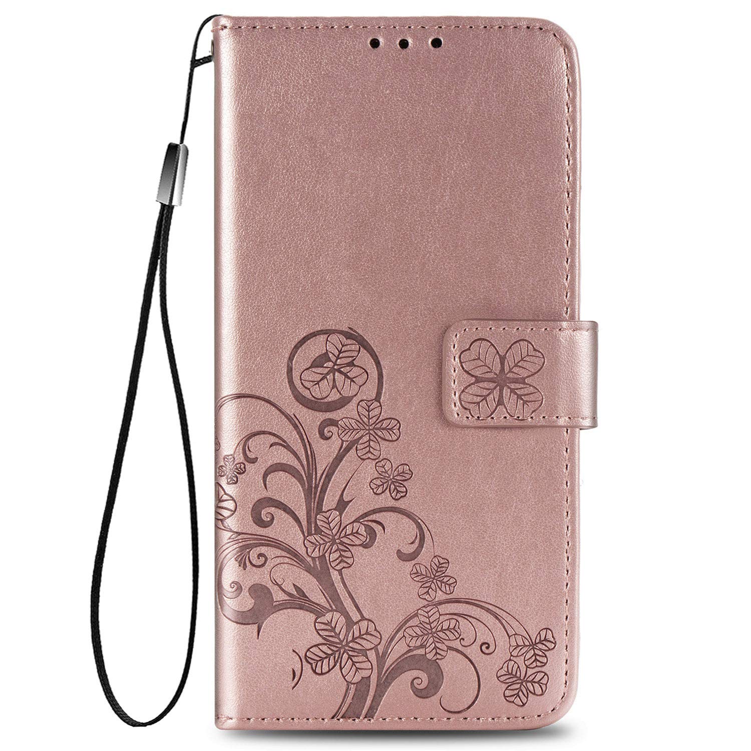 Compatible with Nokia 2.4 Phone Case, Lucky Clover Embossed Shockproof Wallet Cover Stand PU Leather Flip Folio with Soft TPU Bumper Card Holder Magnetic Protective Cover for Nokia 2.4, Rose Gold