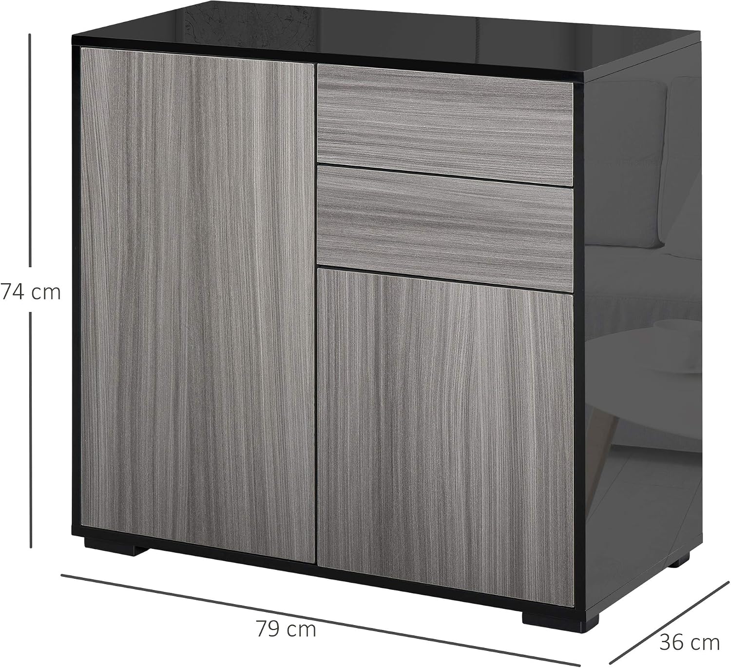 HOMCOM High Gloss Frame Sideboard, Side Cabinet, Push-Open Design with 2 Doors for Living Room Bedroom, Light Grey and Black - Image 3