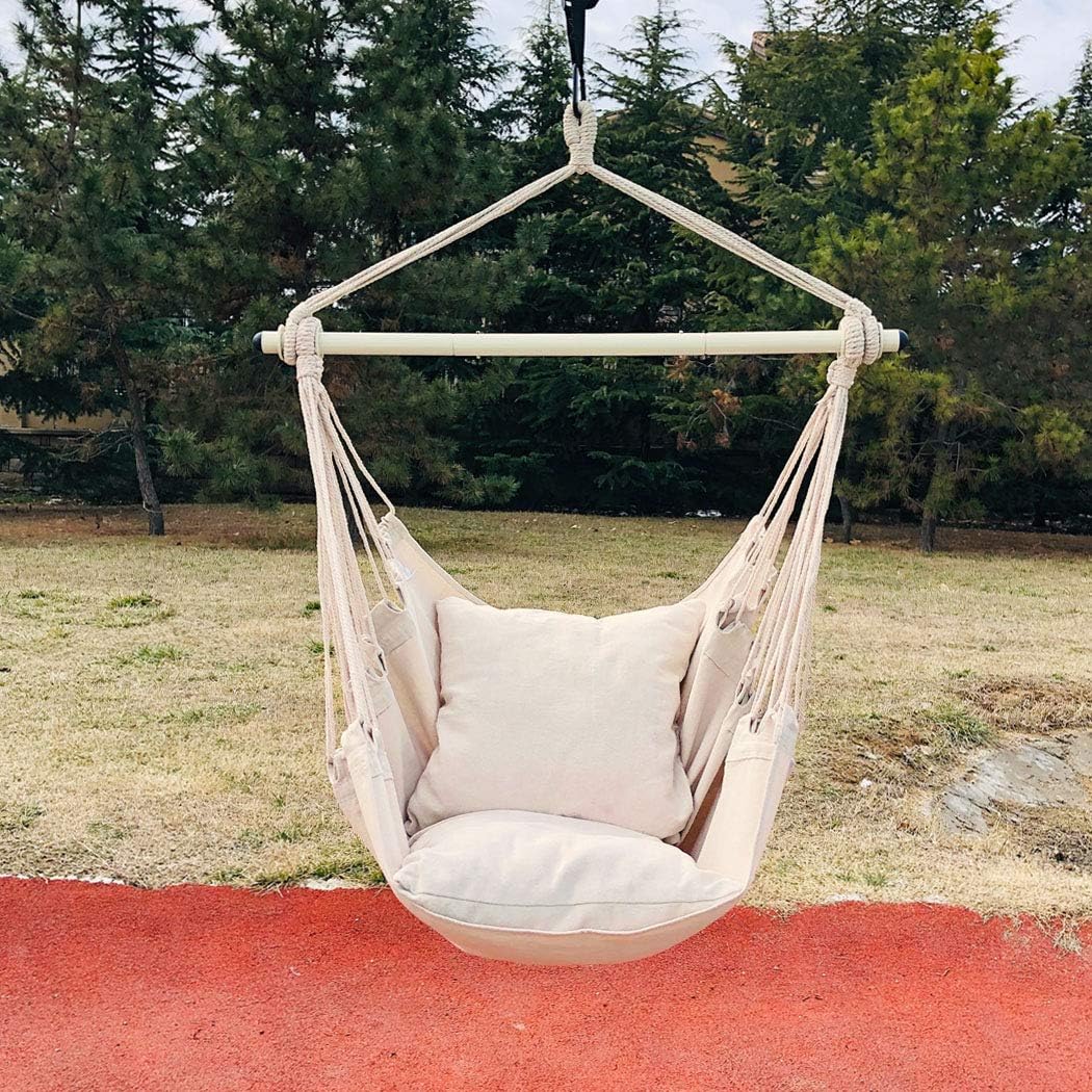Highwild Hammock Chair Hanging Rope Swing - Max 500 Lbs - 2 Cushions Included - Steel Spreader Bar with Anti-Slip Rings - for Any Indoor or Outdoor Spaces (Beige): Kitchen & Dining