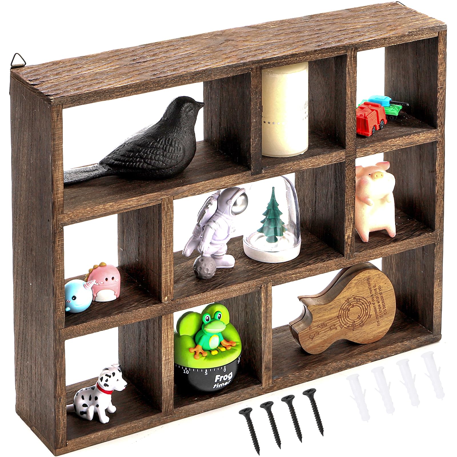 Photo 1 of WUWEOT Shadow Box Display Shelf, 15" x 11.8" 9-Slot Rustic Floating Shelves, Wood Finish Wall Mountable/Freestanding Shelf with Screws for Wall Table or Desk