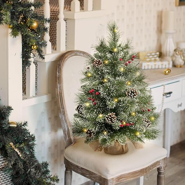 24″ MINI CHRISTMAS TREES WITH FLOCKED PINE NEEDLES, PINE CONES, BERRIES DECORATION, 2 FT DECORATED BURLAP TREES WITH 25 LED LIGHTS, KITCHEN TABLETOP ARTIFICIAL PRE LIT CHRISTMAS TREE