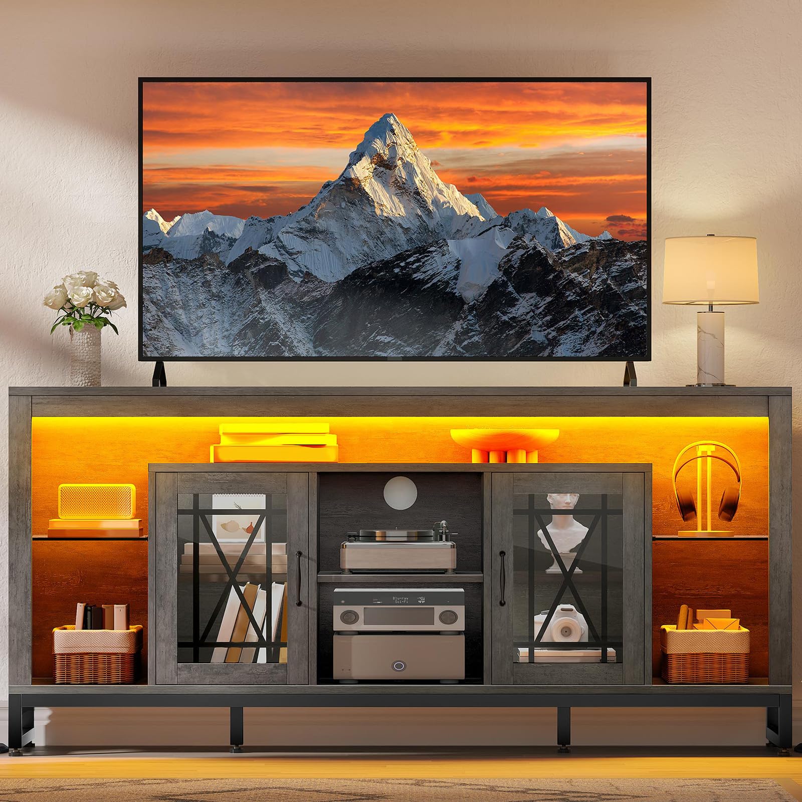 Photo 1 of ***NEEDS SCREWS***
YITAHOME 33.5'' Tall TV Stand for 75 inch TV, LED Entertainment Center with Storage, Grey TV Stands for Living Room with Acrylic Doors & Power Outlets, Tall TV Console Cabinet, Grey