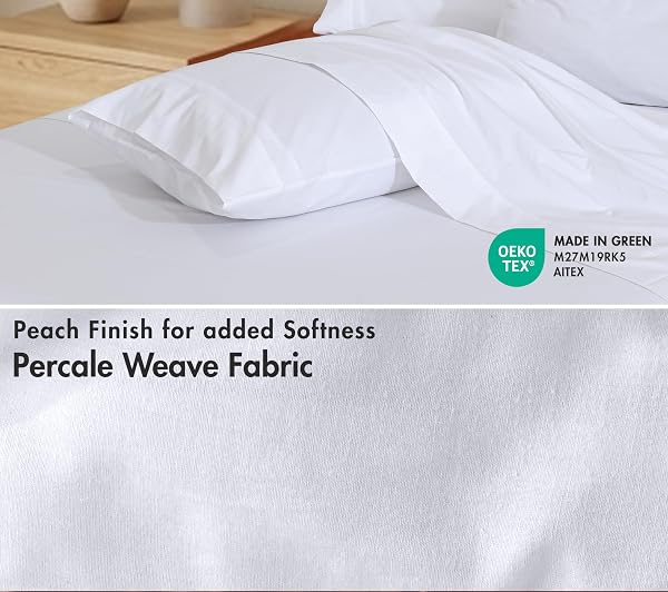 RUVANTI 100% COTTON PERCALE SHEETS, QUEEN SIZE, 6 PIECE SET, BRIGHT WHITE